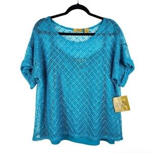 Valerie Stevens Top Turquoise Mesh Sequin Cover With Camisole Tank Size XL